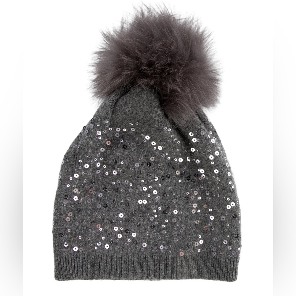 NWT New with Tag Adrienne Landau Sequined Wool Blend Beanie Hat w/Faux Fur